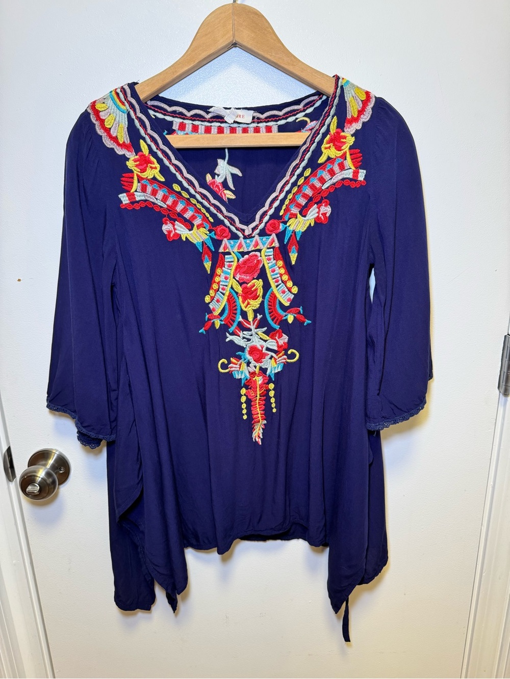 Solitaire Navy Embroidered V-Neck Tunic with Multicolor Stitching